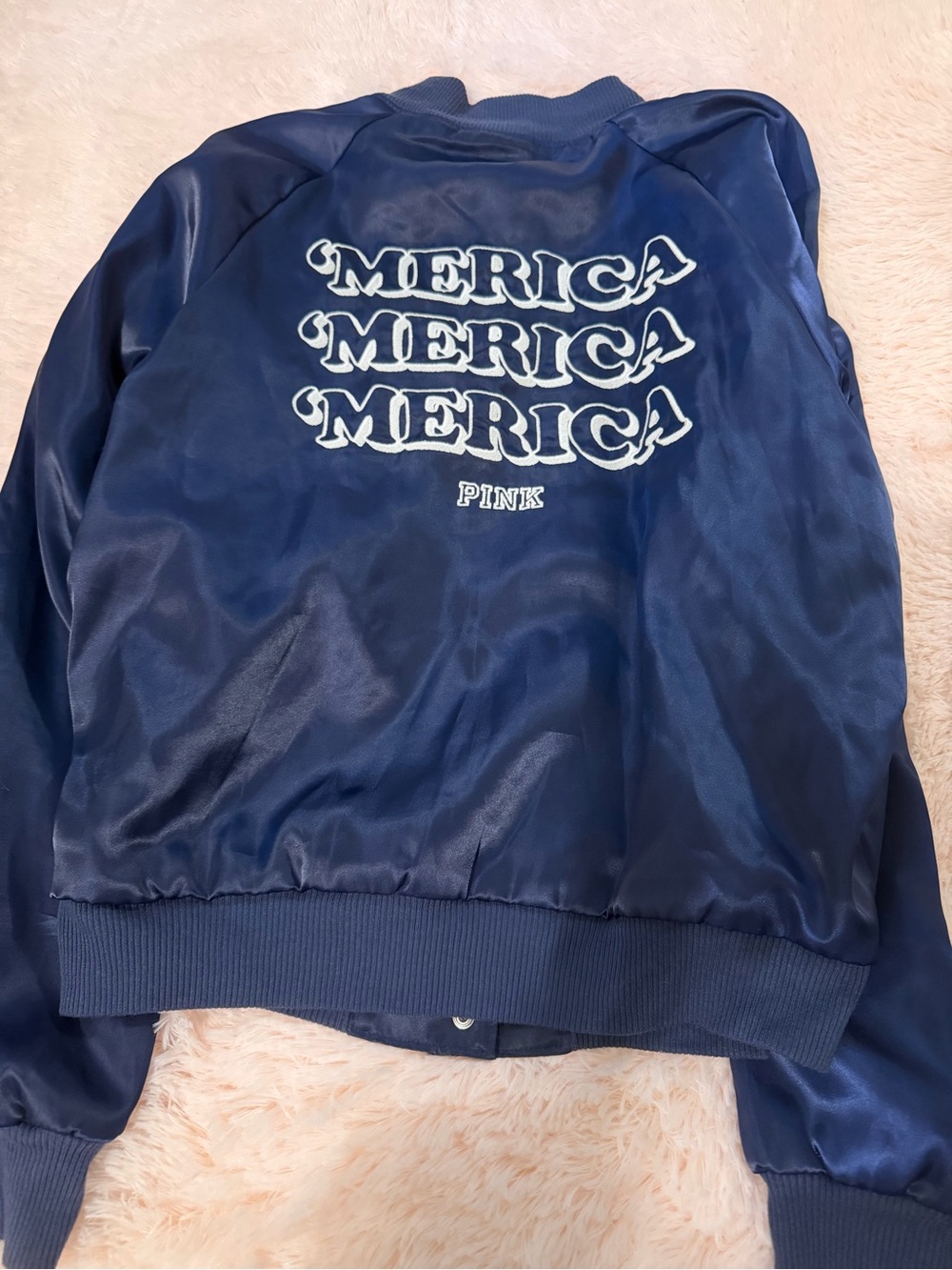 💕PINK Victoria's Secret Vintage Navy 'Merica Bomber Jacket